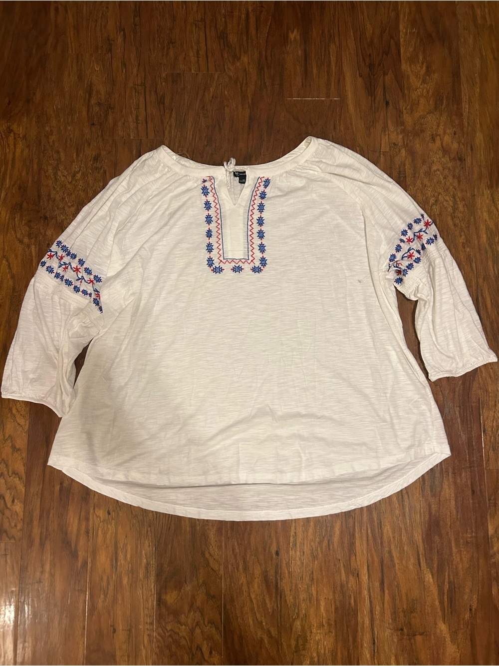 Embroidered White Peasant Blouse with Blue & Red Accents